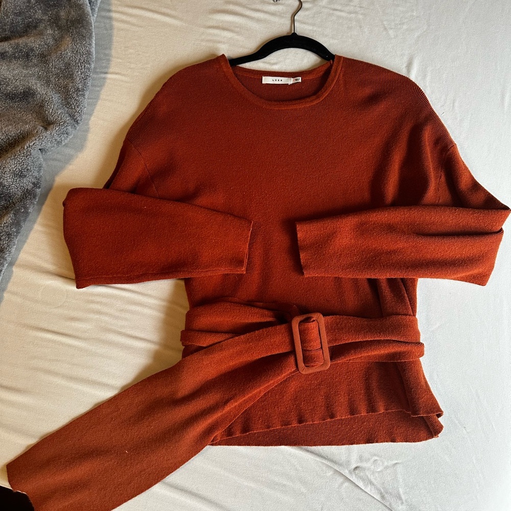 Belted long sleeve orange sweater size small
